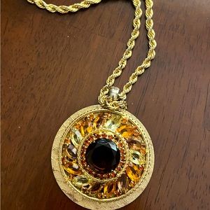 NECKLACE~Gold amber stone vintage necklace on long rope chain. Lobster clasp.